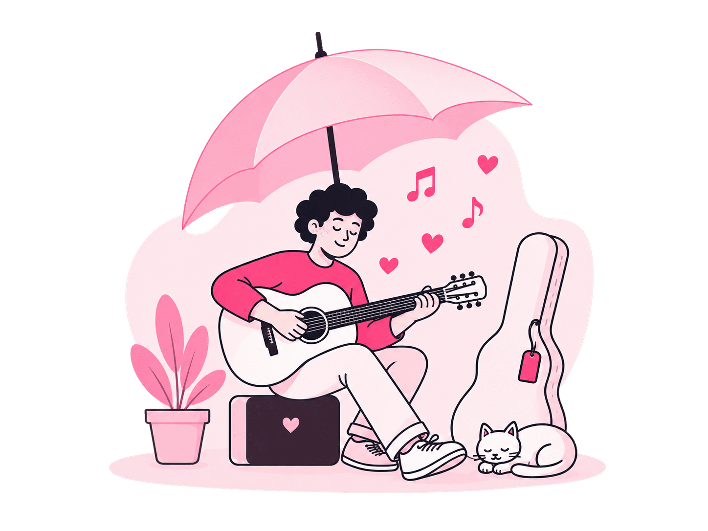 A musician playing guitar under an umbrella, sheltered from what a touring life can throw at them