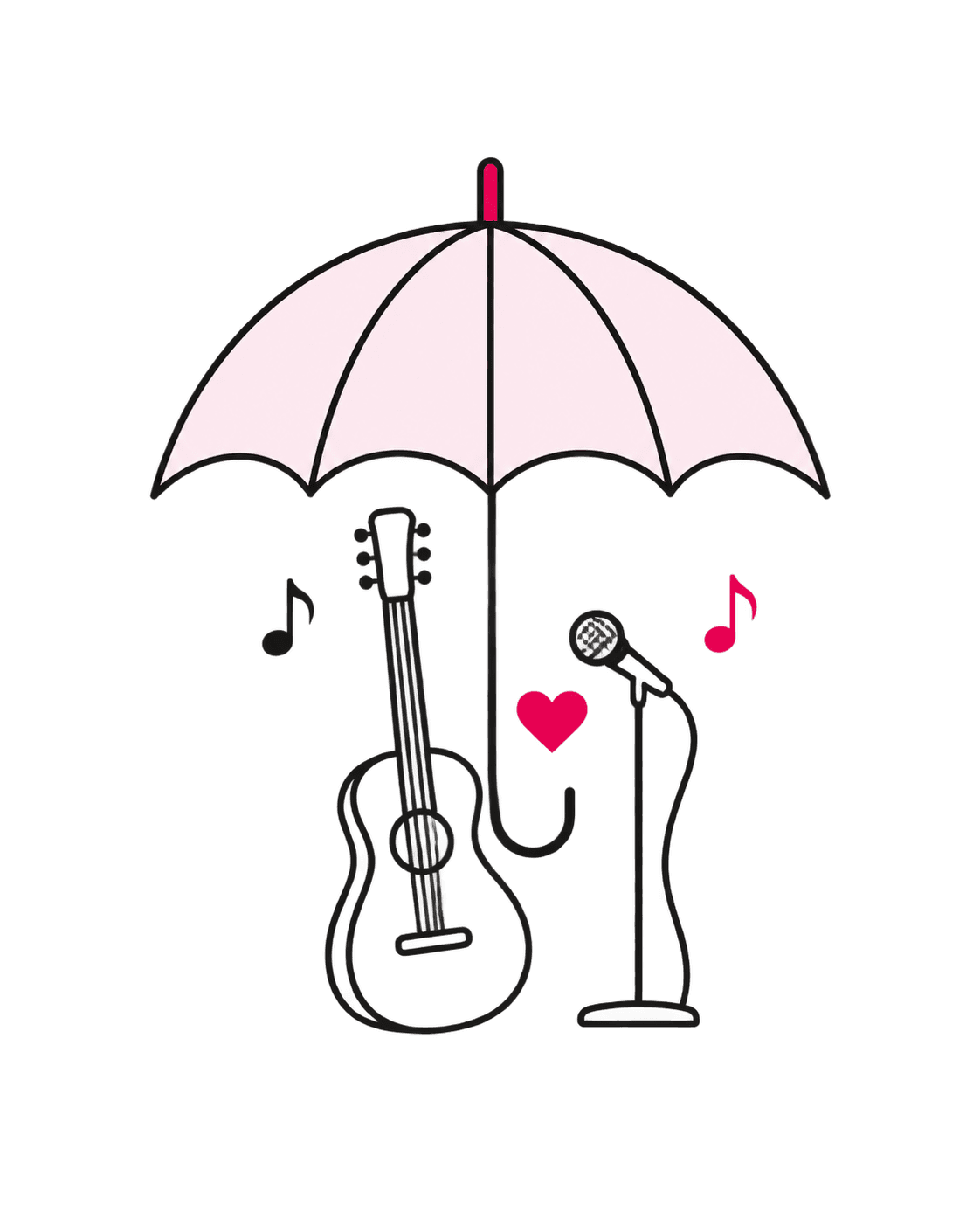 An umbrella sheltering a guitar, music notes and a heart — protection built for artists